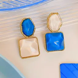 COOLWOOL Gold-Plated Artificial Stones Studded Square Drop Earrings-15