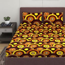 Myntra Elegant Homes Yellow & Brown Geometric 144 TC Queen Bedsheet with 2 Pillow Covers-image-40