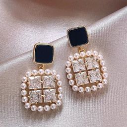 DIVASTRI Gold-Plated American Diamond Studded & Pearls Beaded Korean Square Drop Earrings-25