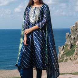 GoSriKi Women Leheriya Embroidered Zari Regular Kurta with Trousers & Dupatta-58