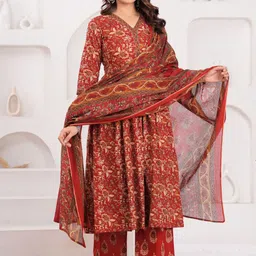 Vilgi Floral Printed Pure Cotton V-Neck Anarkali Kurta With Trousers And Dupatta-10