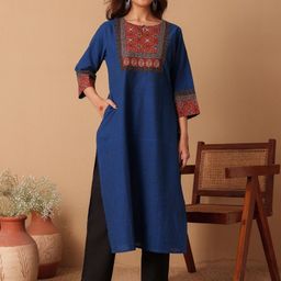 Chowkhat Women Ethnic Motifs Embroidered Pure Cotton Straight Kurta-13