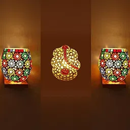 Somil Indore Mosaic Decorative Lamp Combo of Matching Wall Lamp & Blessing God Ganesh Wall Lamp, Multi Compatible with LED, Size: 15 X 15 X 17 Cm, Pack of 3.-image-5