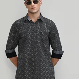 DRAGON HILL Geometric Printed India Slim Spread Collar Slim Fit Cotton Shirt-image-60