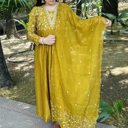 MOKOSH Embroidered Thread Work Anarkali Kurta with Trousers & Dupatta-image-63