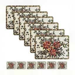 REVEXO 12 Pcs White & Red Printed Table Placemats With Coasters image 5