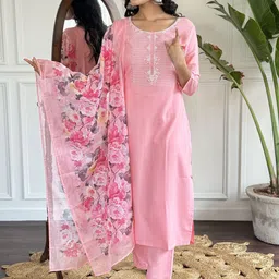 S.K.C Floral Yoke Design Round Neck Sequinned Straight Kurta With Trousers & Dupatta-image-92