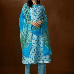DIVASTRI Floral Printed Sweatheart Neck Pure Cotton Kurta with Trousers & Dupatta-image-74