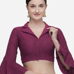 Moda Rapido Striped Silk Lapel Collar Bell Sleeves Saree Blouse-image-2