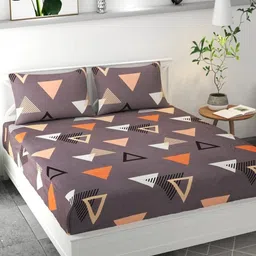 Aura Grey & Orange Geometric 144 TC Queen Bedsheet with 2 Pillow Covers-image-70