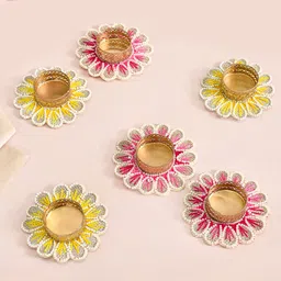 Nestasia Magenta & Yellow 6 Pieces Pearl Beaded Tea Light Candle Holders-21