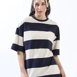 High Star Striped Round Neck Short Sleeves Oversized Cotton T-shirt-image-65