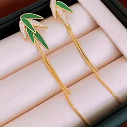 FIMBUL Gold-Plated Crystals Studded Leaf Shaped Drop Earrings-21