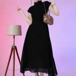 Jash Creation Women Pure Georgette Mandarin Collar Neck Cap Sleeves Fit & Flare Dress-image-85