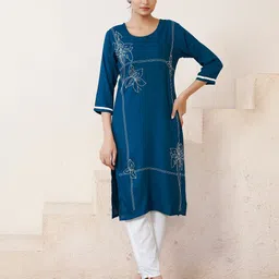 MISS CLOTHING Women Floral Embroidered Straight Calf Length Kurtas-image-47