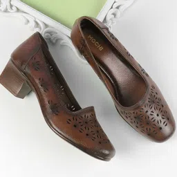 Mochi Leather Block Pumps with Laser Cuts-6