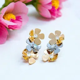 AVANT-GARDE PARIS Stainless Steel Silver Plated CZ Studded Floral Shaped Drop Earrings-image-65