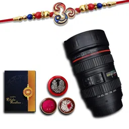 DeoDap Set Of 3 Roli Chawal Coin Camera Lens & Greeting Card Rakhi Gift Set-37