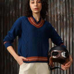 High Star Women V Neck Varsity Cable Knit Pullover-image-37