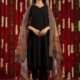 anayna Black & Orange Self Design V-Neck Cotton Anarkali Kurta with Trousers & Dupatta-37