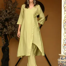 Sangria Green V-neck AngrakhaModal Chanderi A-Line Kurta With Trouser-image-67