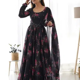 Femvy Floral Printed Fit & Flare Ethnic Maxi Dress-image-2