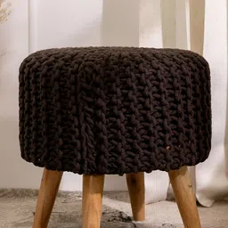 THREADVIBE LIVING Brown Wooden & Velvet Round Ottoman-image-88