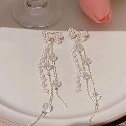 Estailo fashion Rose Gold-Plated Stones Studded & Beaded Bow-Shaped Drop Earrings-image-10