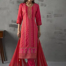 Anouk Striped Regular Thread Work Pure Silk Straight Kurta with Trousers & Dupatta-picture-37