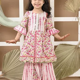 LIL PITAARA Girls Floral Printed Regular Gotta Patti Pure Cotton Kurti with Sharara-picture-12