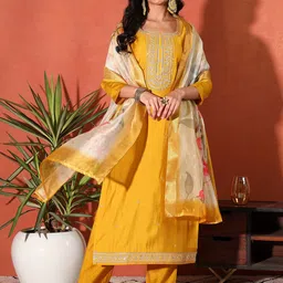 Sangria Floral Yoke Design Thread Work Straight Kurta With Trouser & Dupatta-picture-11