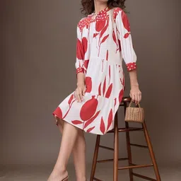 DressBerry Printed Cuffed Sleeves Tie-Up Neck A-Line Dress-image-39