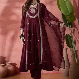 Sangria Floral Embroidered Pleated Sequinned A-Line Kurta With Trouser And Dupatta-29