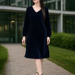 Moda Rapido Women Cuffed Sleeves Velvet A-Line Dress-image-16