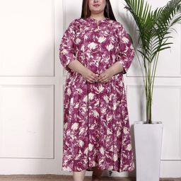 KALINI Women Plus Size Floral Printed Mandarin Collar Midi A-Line Dress-image-96