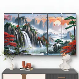Myntra Elegant Homes Blue & Green 5 Pieces Mountain Waterfall Wooden Wall Arts-16