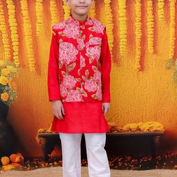 BownBee Boys Floral Printed Regular Pure Cotton Straight Kurta with Pyjamas-44