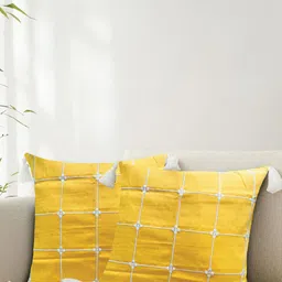 URBAN SPACE Yellow & White 2 Pieces Embroidered Pure Cotton Square Cushion Covers-14