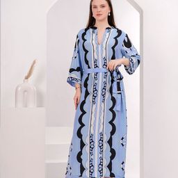 Sencei Women Printed V-Neck A-Line Dress-image-98