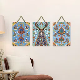 ArtVibes Blue & Brown 3 Pieces Vibrant Folk Whispers Printed Wooden Wall Hanging Decors-image-5
