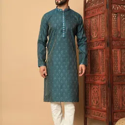 Men's Teal Printed Pattern Kurta with Embroidered Placket-image-70