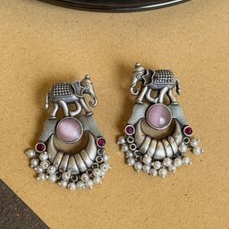 NAMAN ARTS Silver-Plated Stones Studded & Beaded Oxidised Contemporary Drop Earrings-7