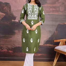 House of Pataudi Floral Embroidered Cotton Straight Kurta-image-8