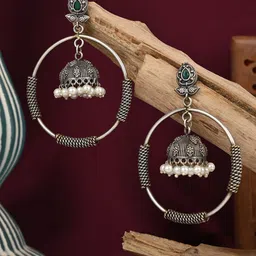 VENI 92.5 Silver-Plated Artificial Stones Studded & Beaded Oxidised Dome Shaped Jhumkas-picture-46