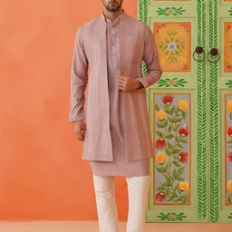 TheEthnic.Co Ethnic Motifs Embroidered Mirror Work Linen Straight Kurta with Trousers-picture-41