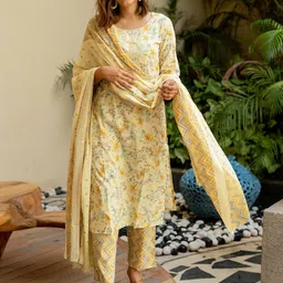 KALINI Women Floral Printed Regular Sequinned Pure Cotton Kurta with Trousers & With Dupatta-picture-40