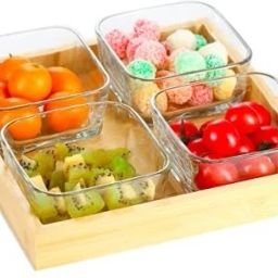 Wooden Tray With Glass Candy Bowl Set For Serving Dry Fruits,Chocolates,Snacks Tray, Bowl Serving Set-22