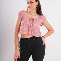 clobug Checked Puff Sleeve Crop Top-image-50