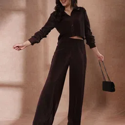 Globus Brown Self Design Accordion Pleats Crop Shirt & Trousers-image-41