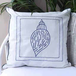 Crown of Poppies Coastal Calm White & Blue Embroidered Cotton Square Cushion Cover-image-60
